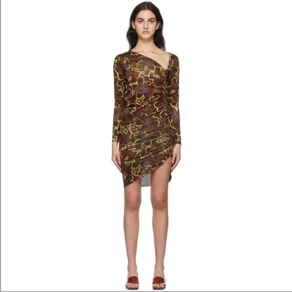 GIMAGUAS- Zug Dress Brown Asymmetrical Mesh Floral Classic Boho Cocktail