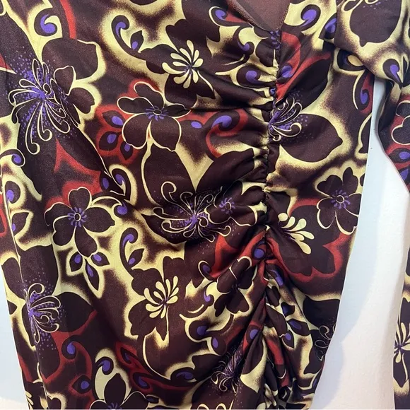 GIMAGUAS- Zug Dress Brown Asymmetrical Mesh Floral Classic Boho Cocktail