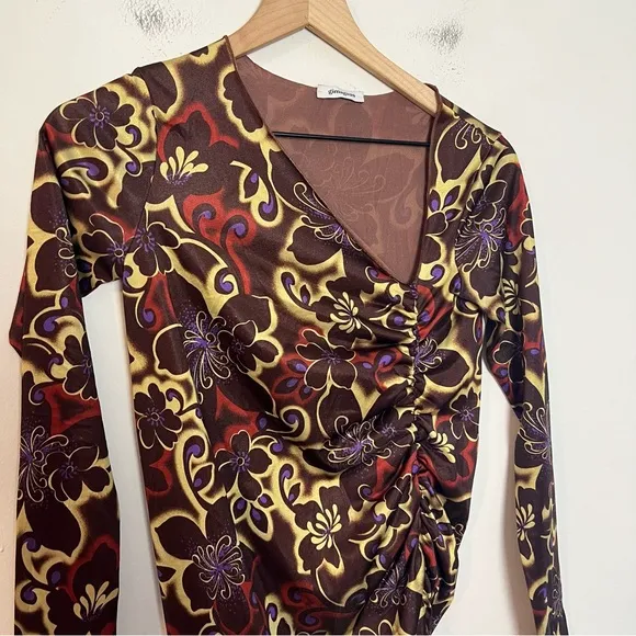 GIMAGUAS- Zug Dress Brown Asymmetrical Mesh Floral Classic Boho Cocktail