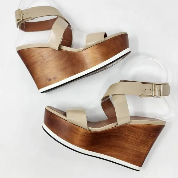 Givenchy Platform Wood Wedge Sandals Women 38/8 Tan Strappy Leather Buckle