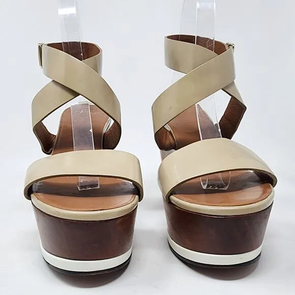 Givenchy Platform Wood Wedge Sandals Women 38/8 Tan Strappy Leather Buckle