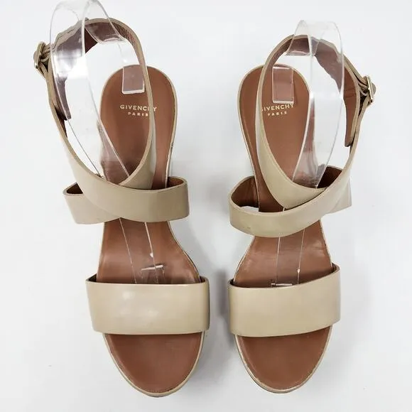 Givenchy Platform Wood Wedge Sandals Women 38/8 Tan Strappy Leather Buckle