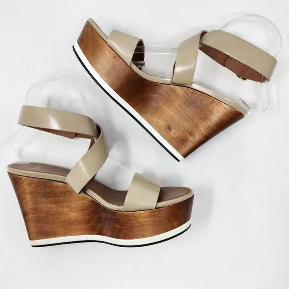 Givenchy Platform Wood Wedge Sandals Women 38/8 Tan Strappy Leather Buckle