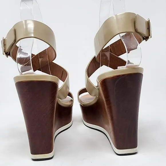 Givenchy Platform Wood Wedge Sandals Women 38/8 Tan Strappy Leather Buckle