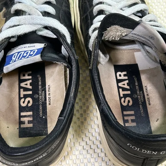 Golden Goose Hi Star Platform Sneakers Leather Gold Star Black Womens 35…