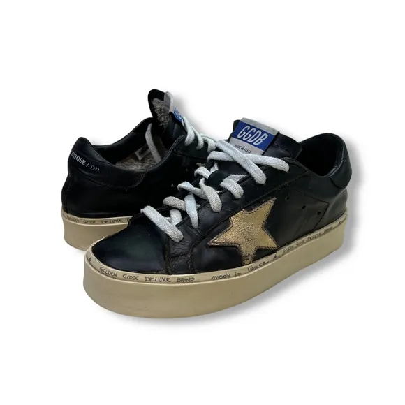 Golden Goose Hi Star Platform Sneakers Leather Gold Star Black Womens 35…