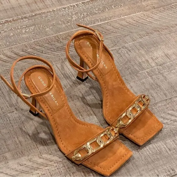 GOOD AMERICAN Women's Single Strap Ankle Chain  Heeled Sandal Brown SUEDE