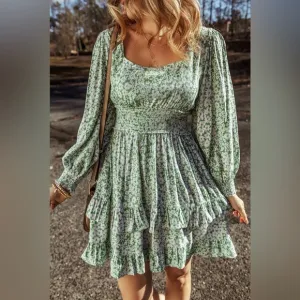 Green Floral Print Square Neck ShirredWaist Tiered Ruffled Mini Dress Bohemian