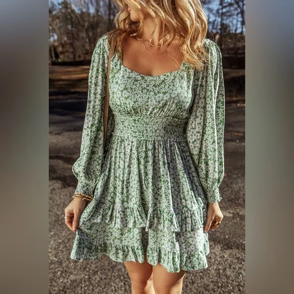 Green Floral Print Square Neck ShirredWaist Tiered Ruffled Mini Dress Bohemian