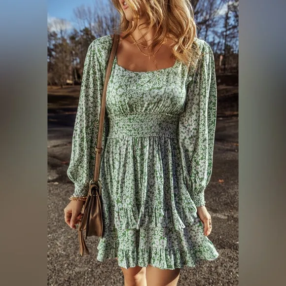 Green Floral Print Square Neck ShirredWaist Tiered Ruffled Mini Dress Bohemian