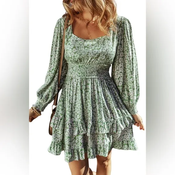 Green Floral Print Square Neck ShirredWaist Tiered Ruffled Mini Dress Bohemian