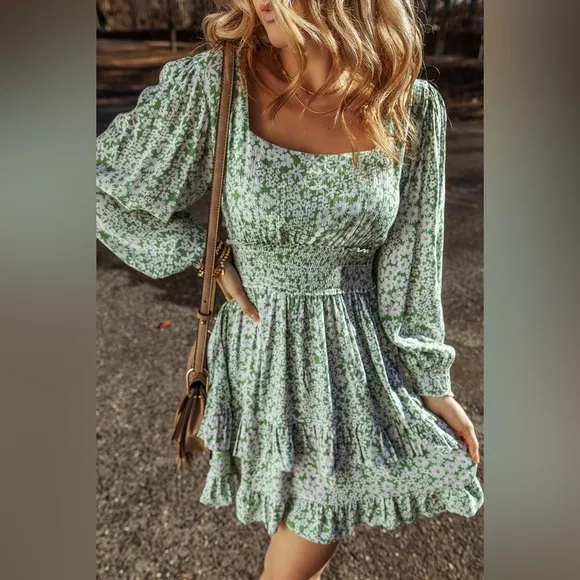 Green Floral Print Square Neck ShirredWaist Tiered Ruffled Mini Dress Bohemian