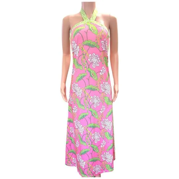 Gretchen Scott Floral Halter Dress Pink Green Stretchy Size Small Modern Fashion