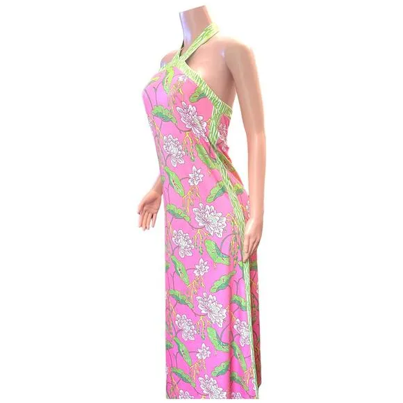 Gretchen Scott Floral Halter Dress Pink Green Stretchy Size Small Modern Fashion