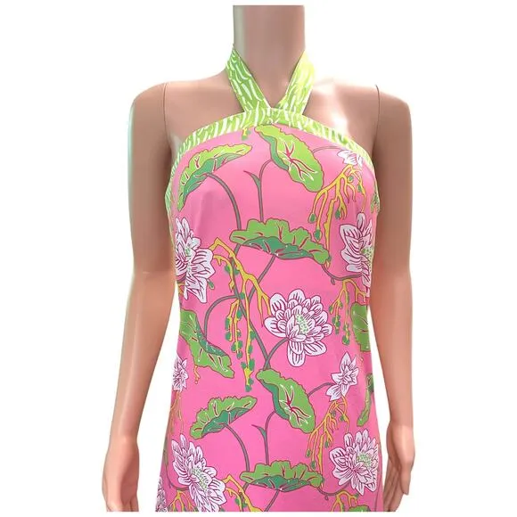 Gretchen Scott Floral Halter Dress Pink Green Stretchy Size Small Modern Fashion