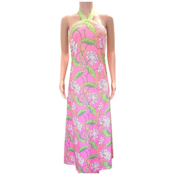 Gretchen Scott Floral Halter Dress Pink Green Stretchy Size Small Modern Fashion