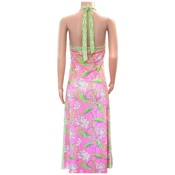 Gretchen Scott Floral Halter Dress Pink Green Stretchy Size Small Modern Fashion