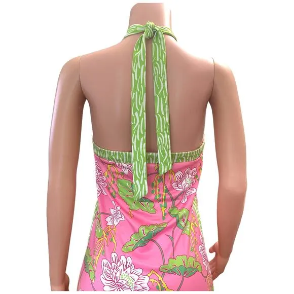 Gretchen Scott Floral Halter Dress Pink Green Stretchy Size Small Modern Fashion