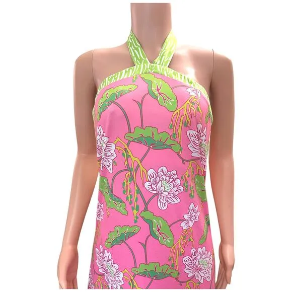 Gretchen Scott Floral Halter Dress Pink Green Stretchy Size Small Modern Fashion