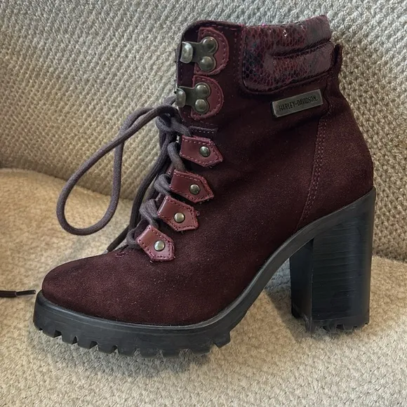 🆕🏍️Harley-Davidson Suede Burgundy Lace-Up Ankle Booties