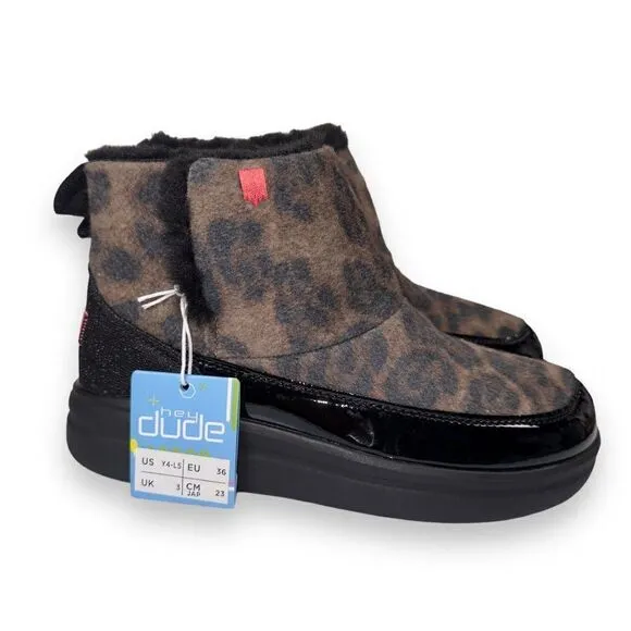 Hey Dude Mel Leo Black (Leopard) Boots Youth 4 Women's 5