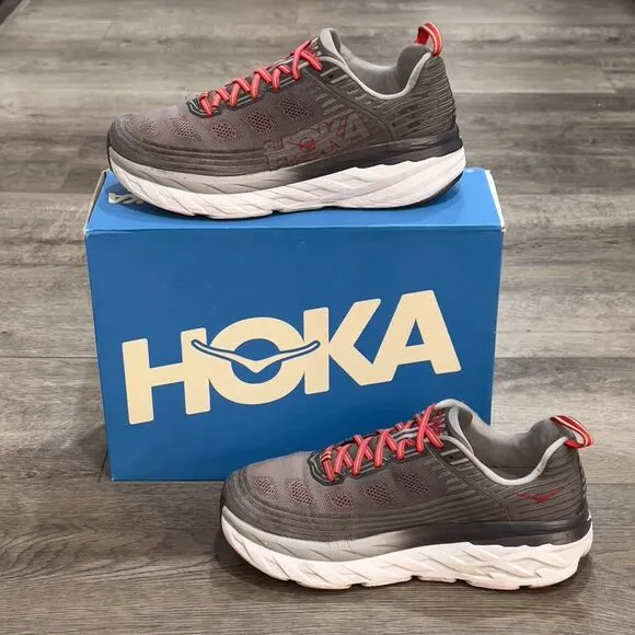 Hoka One One Bondi 6 Shoes Alloy Gray Red Running Sneaker - Men's Size 10