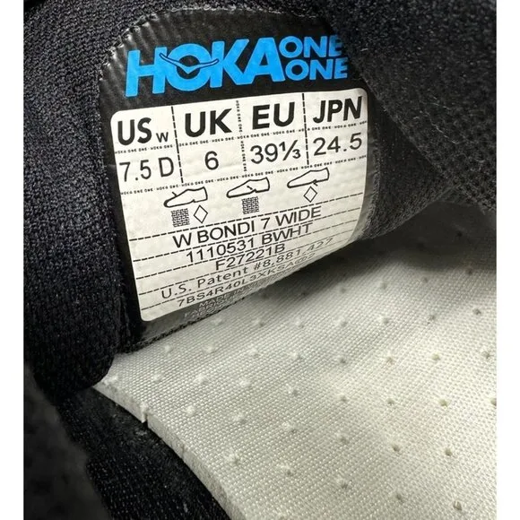 Hoka One One Bondi 7 1110531 BWHT Black Sneaker Womens Shoes Size 7.5 D Wide