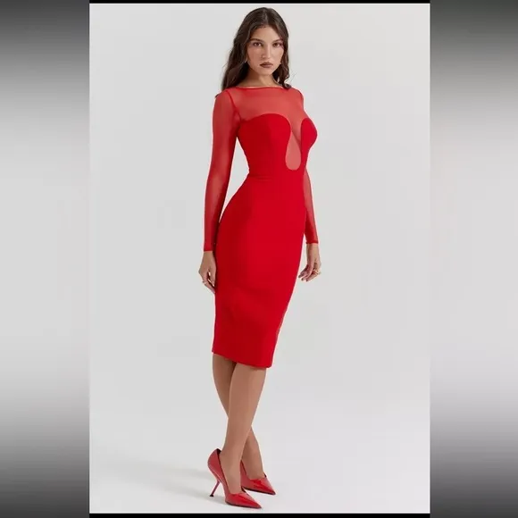 HOUSE OF CB Darcy Scarlet Plunge Midi Dress/Size XS-US 2-4 NWOT