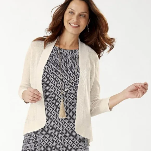 🎉HP🎉 TOMMY BAHAMA Lea Shimmer Cardigan Linen Sz L Gold Metallic 3/4 Sleeve NWT