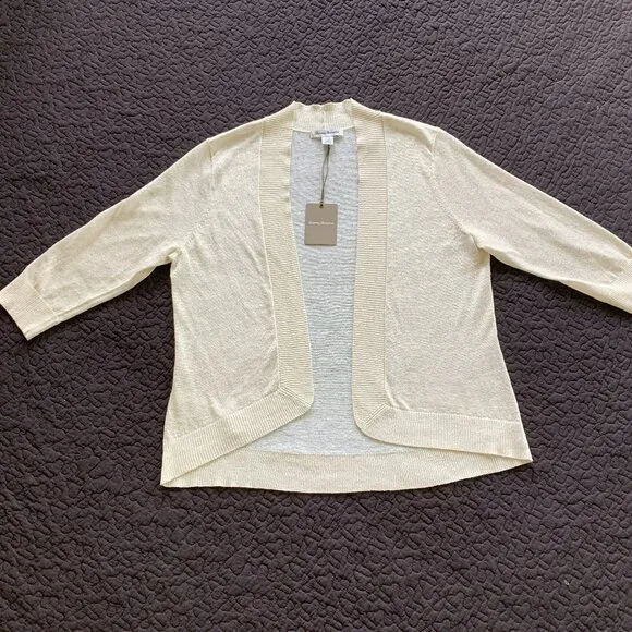 🎉HP🎉 TOMMY BAHAMA Lea Shimmer Cardigan Linen Sz L Gold Metallic 3/4 Sleeve NWT