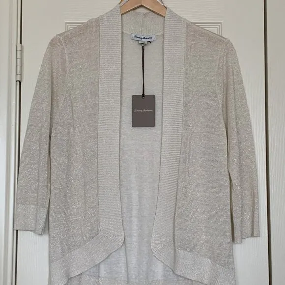 🎉HP🎉 TOMMY BAHAMA Lea Shimmer Cardigan Linen Sz L Gold Metallic 3/4 Sleeve NWT