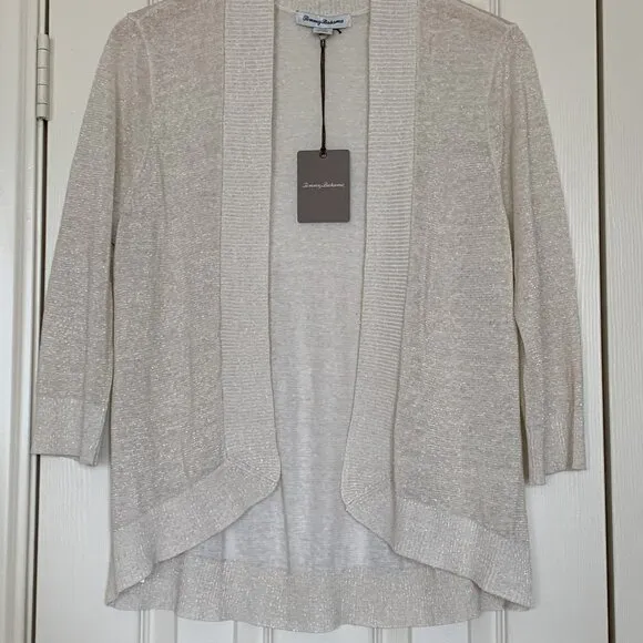 🎉HP🎉 TOMMY BAHAMA Lea Shimmer Cardigan Linen Sz L Gold Metallic 3/4 Sleeve NWT
