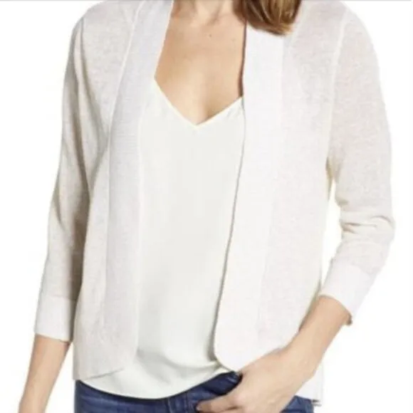 🎉HP🎉 TOMMY BAHAMA Lea Shimmer Cardigan Linen Sz L Gold Metallic 3/4 Sleeve NWT