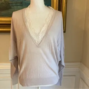 IRO Shocking Taupe Merino Wool Cashmere Silk V Neck Lace Lightweight Sweater