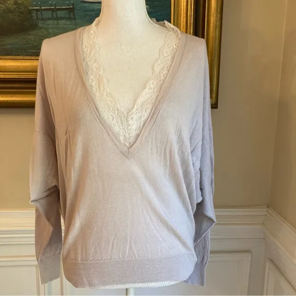 IRO Shocking Taupe Merino Wool Cashmere Silk V Neck Lace Lightweight Sweater