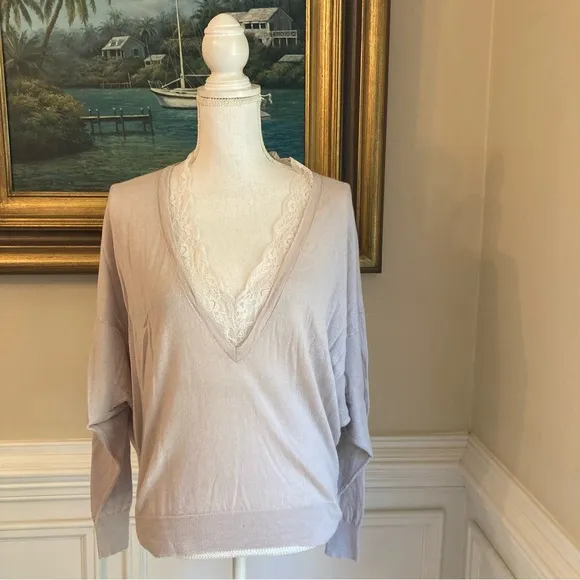 IRO Shocking Taupe Merino Wool Cashmere Silk V Neck Lace Lightweight Sweater