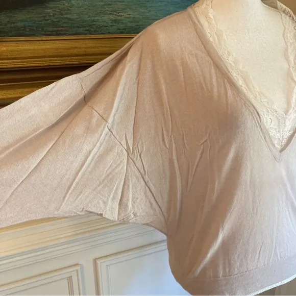 IRO Shocking Taupe Merino Wool Cashmere Silk V Neck Lace Lightweight Sweater