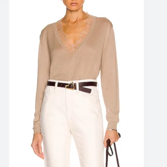IRO Shocking Taupe Merino Wool Cashmere Silk V Neck Lace Lightweight Sweater
