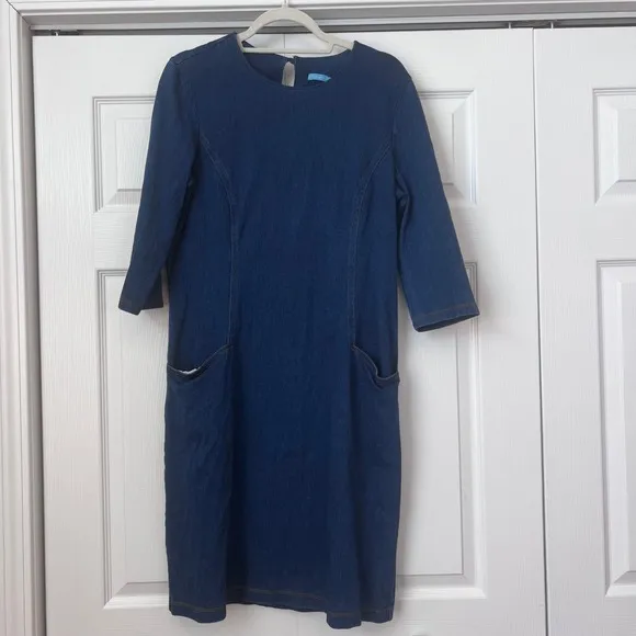 J. McLaughlin Denim Dress Casual 3/4 Sleeve Pockets Dark Wash Size L