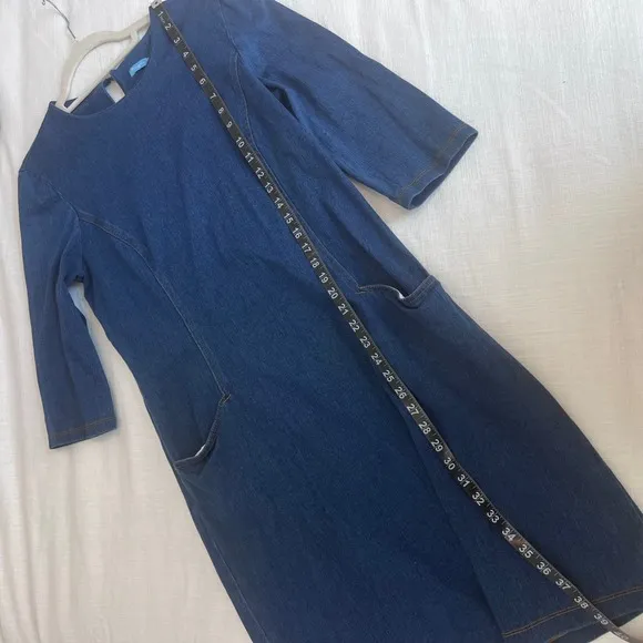 J. McLaughlin Denim Dress Casual 3/4 Sleeve Pockets Dark Wash Size L