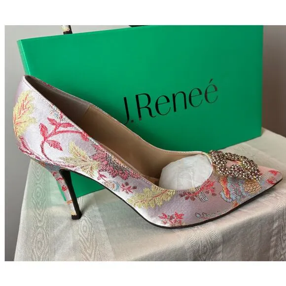 J. Renee Gorgeous Floral Multicolor Pastel Brocade Pumps Shoes 10.5 Wide