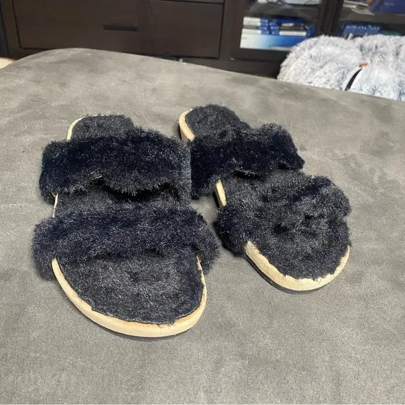 Jack Rogers Lauren Slide Sandals Black Faux Fur