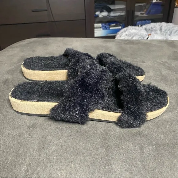 Jack Rogers Lauren Slide Sandals Black Faux Fur