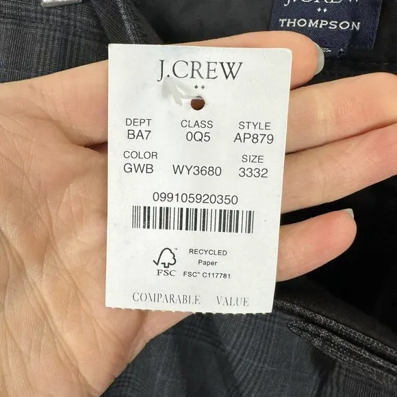 J.Crew Mens $168 Four Season Thompson Pant Tapered Leg Gray Plaid 33X32 AP879