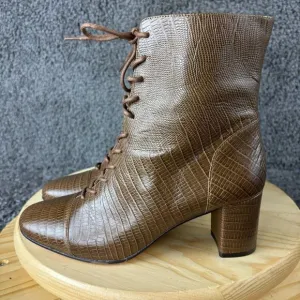 J.Crew Willa Ankle Boots Women 8.5 Lizard Embossed Leather Brown Cap Toe Lace Up