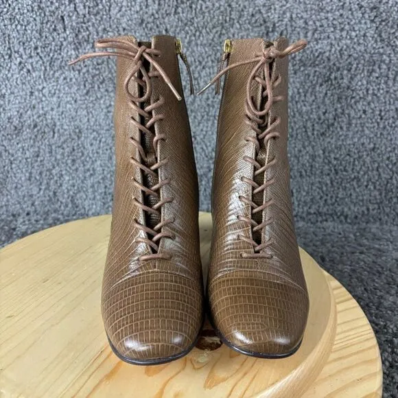 J.Crew Willa Ankle Boots Women 8.5 Lizard Embossed Leather Brown Cap Toe Lace Up