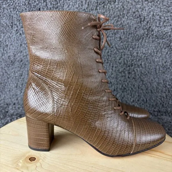 J.Crew Willa Ankle Boots Women 8.5 Lizard Embossed Leather Brown Cap Toe Lace Up