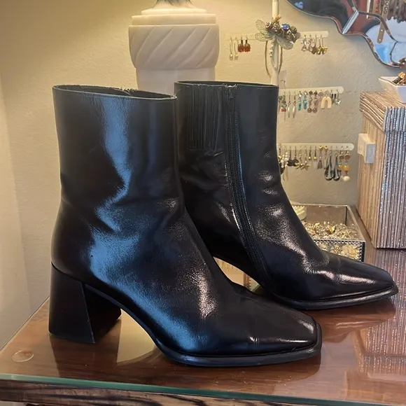 Jeffrey Campbell Sherpal Bootie Black Patent Leather Heeled Square Toe