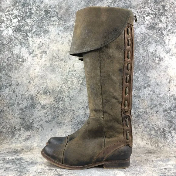 Jeffrey Campbell Women's Size 7 Zipped Brown Olive Distressed Leather OTK Boots