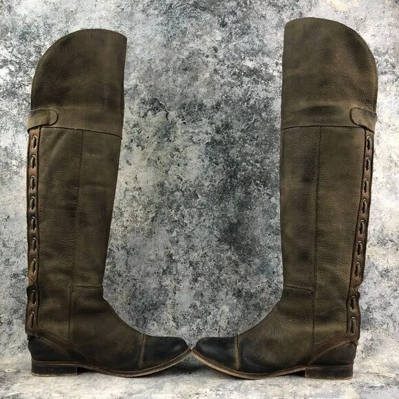 Jeffrey Campbell Women's Size 7 Zipped Brown Olive Distressed Leather OTK Boots